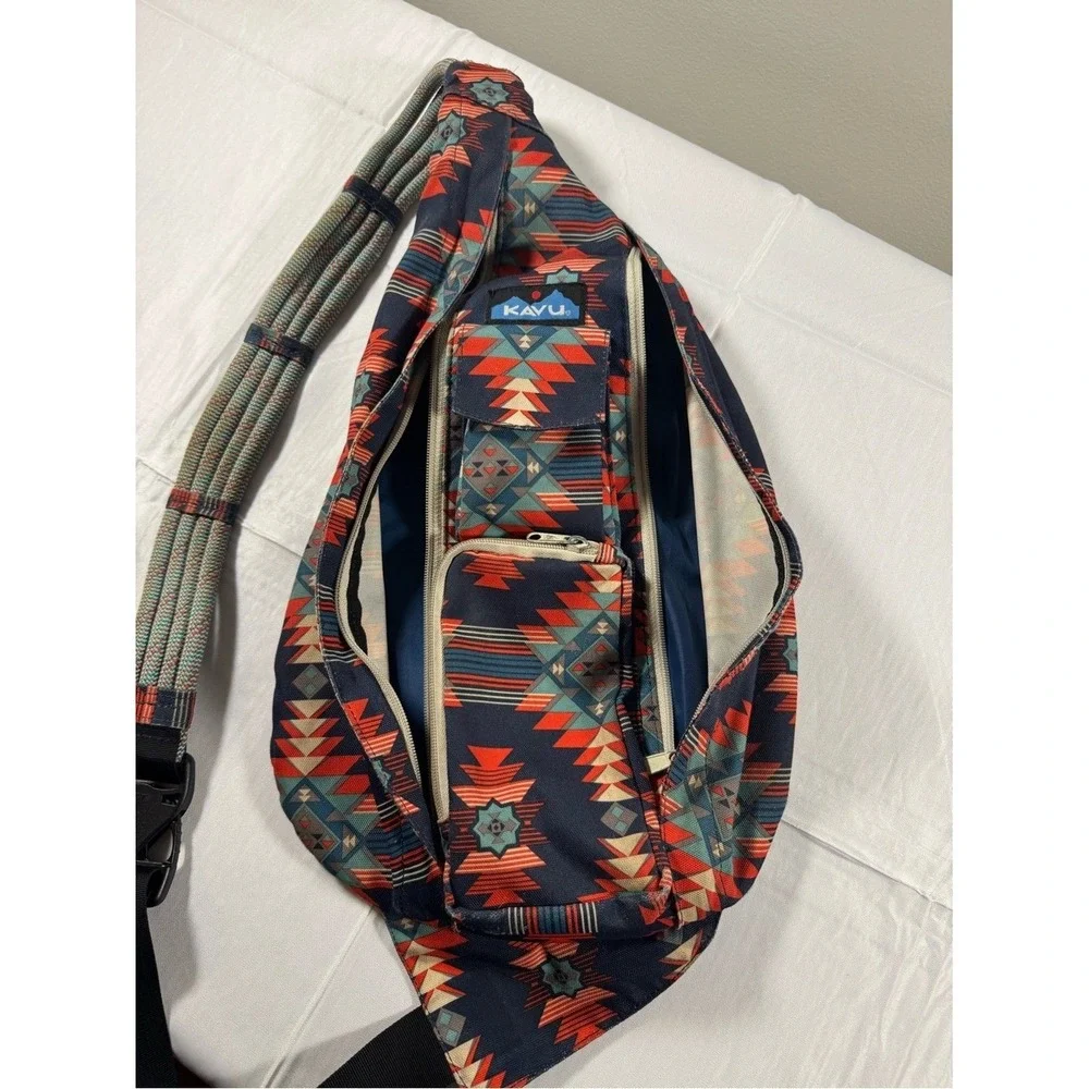 KAVU Rope Bag Sling Backpack Southwestern Geometric Print Navy Orange Canvas